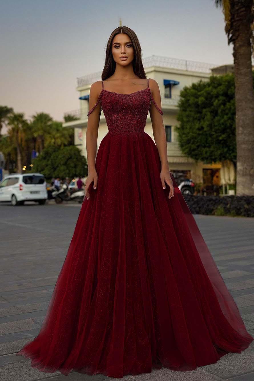 Tulle Spaghetti Strap A-Line Long Prom Dress with Sequins Beading