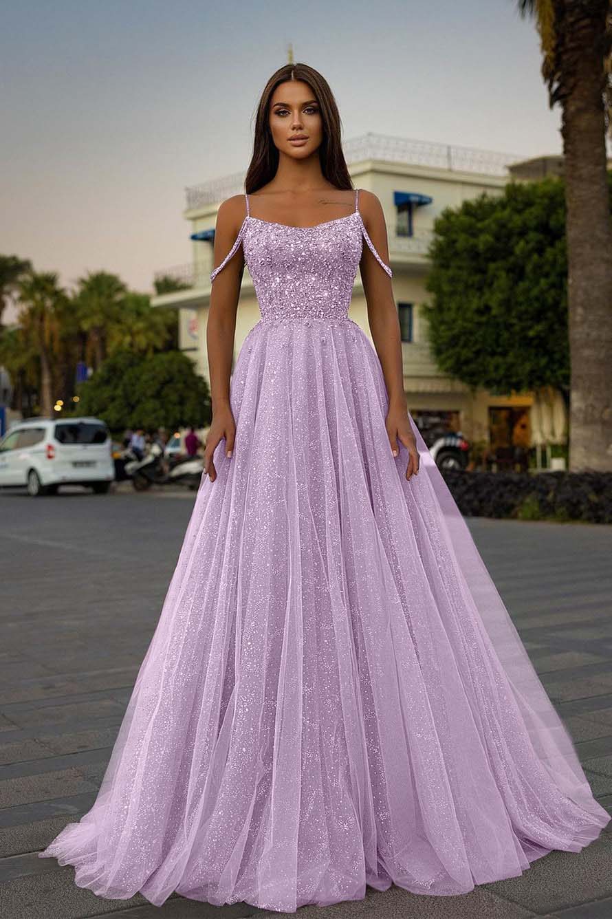 Tulle Spaghetti Strap A-Line Long Prom Dress with Sequins Beading