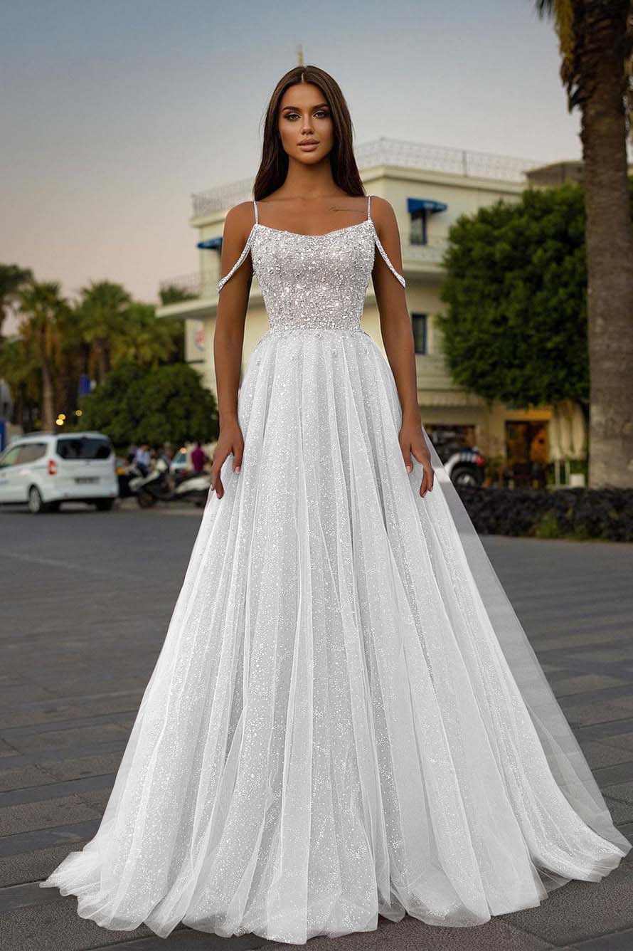Tulle Spaghetti Strap A-Line Long Prom Dress with Sequins Beading