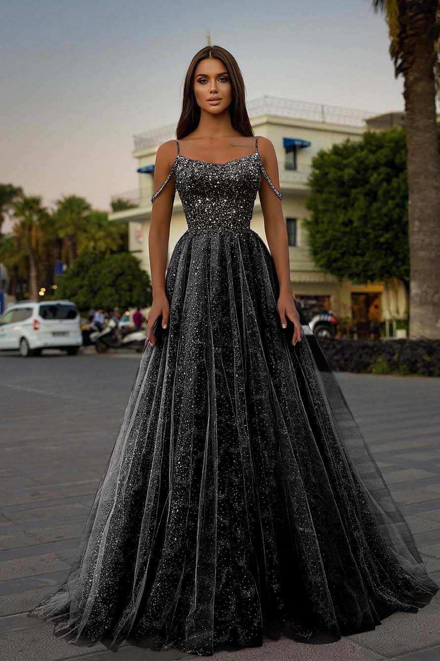 Tulle Spaghetti Strap A-Line Long Prom Dress with Sequins Beading