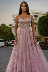 Tulle Spaghetti Strap A-Line Long Prom Dress with Sequins Beading