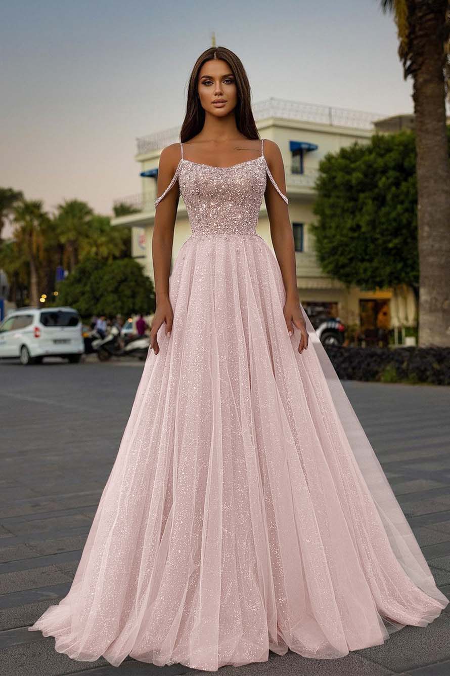Tulle Spaghetti Strap A-Line Long Prom Dress with Sequins Beading