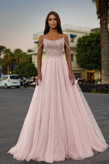 Tulle Spaghetti Strap A-Line Long Prom Dress with Sequins Beading