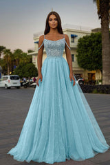 Tulle Spaghetti Strap A-Line Long Prom Dress with Sequins Beading