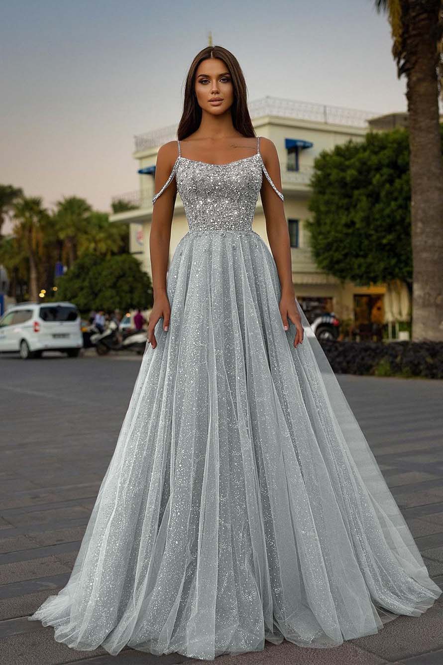 Tulle Spaghetti Strap A-Line Long Prom Dress with Sequins Beading