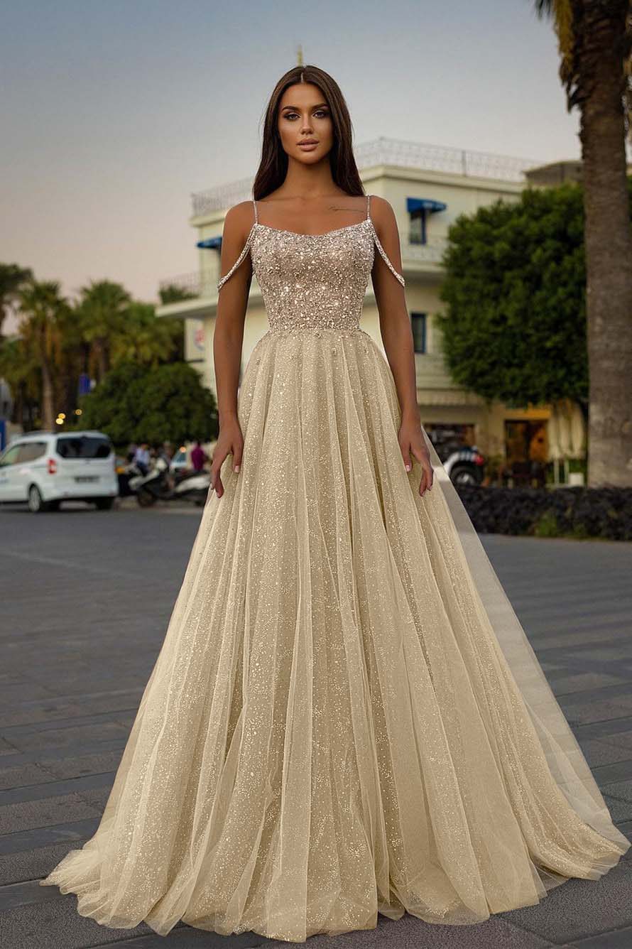 Tulle Spaghetti Strap A-Line Long Prom Dress with Sequins Beading