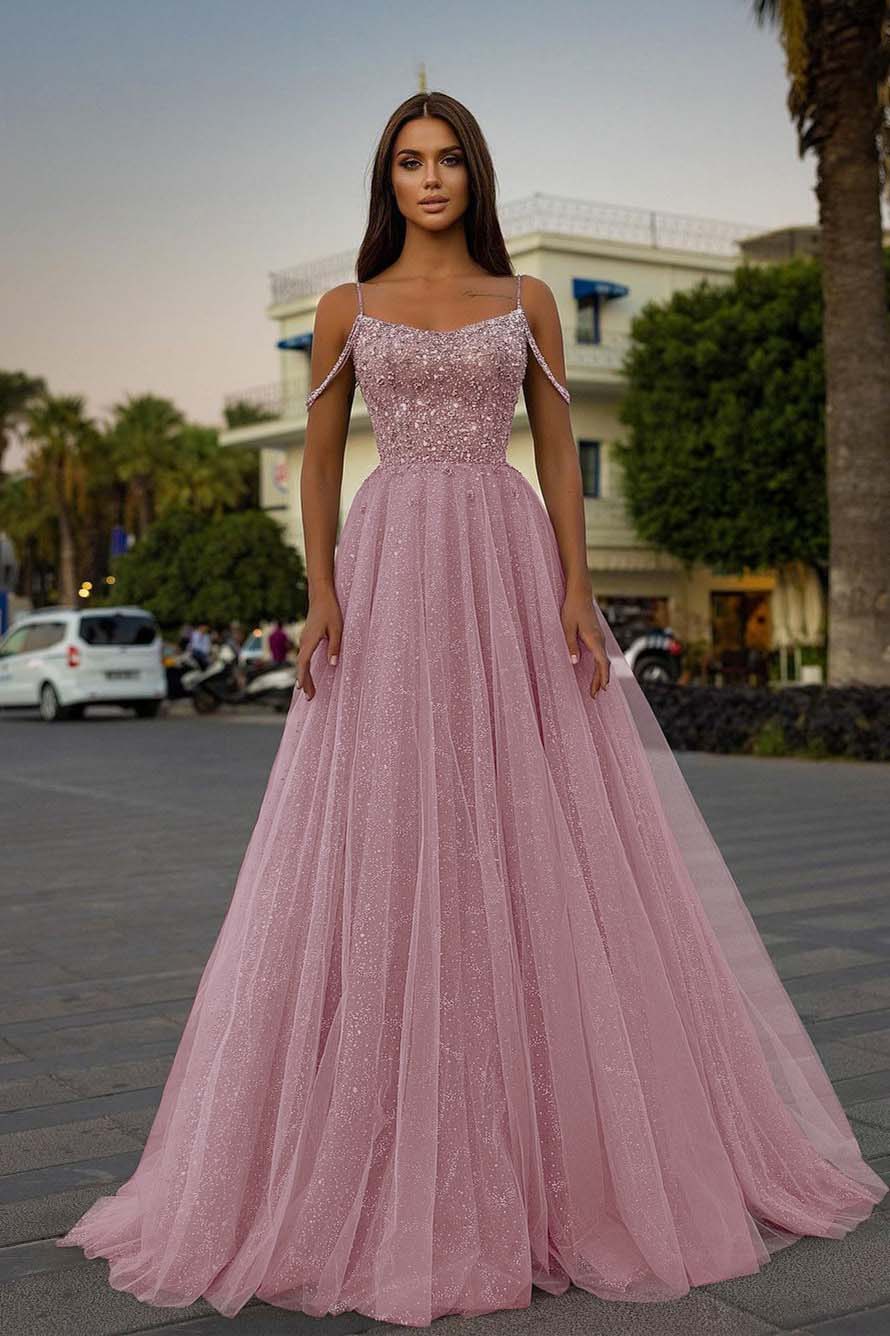 Tulle Spaghetti Strap A-Line Long Prom Dress with Sequins Beading