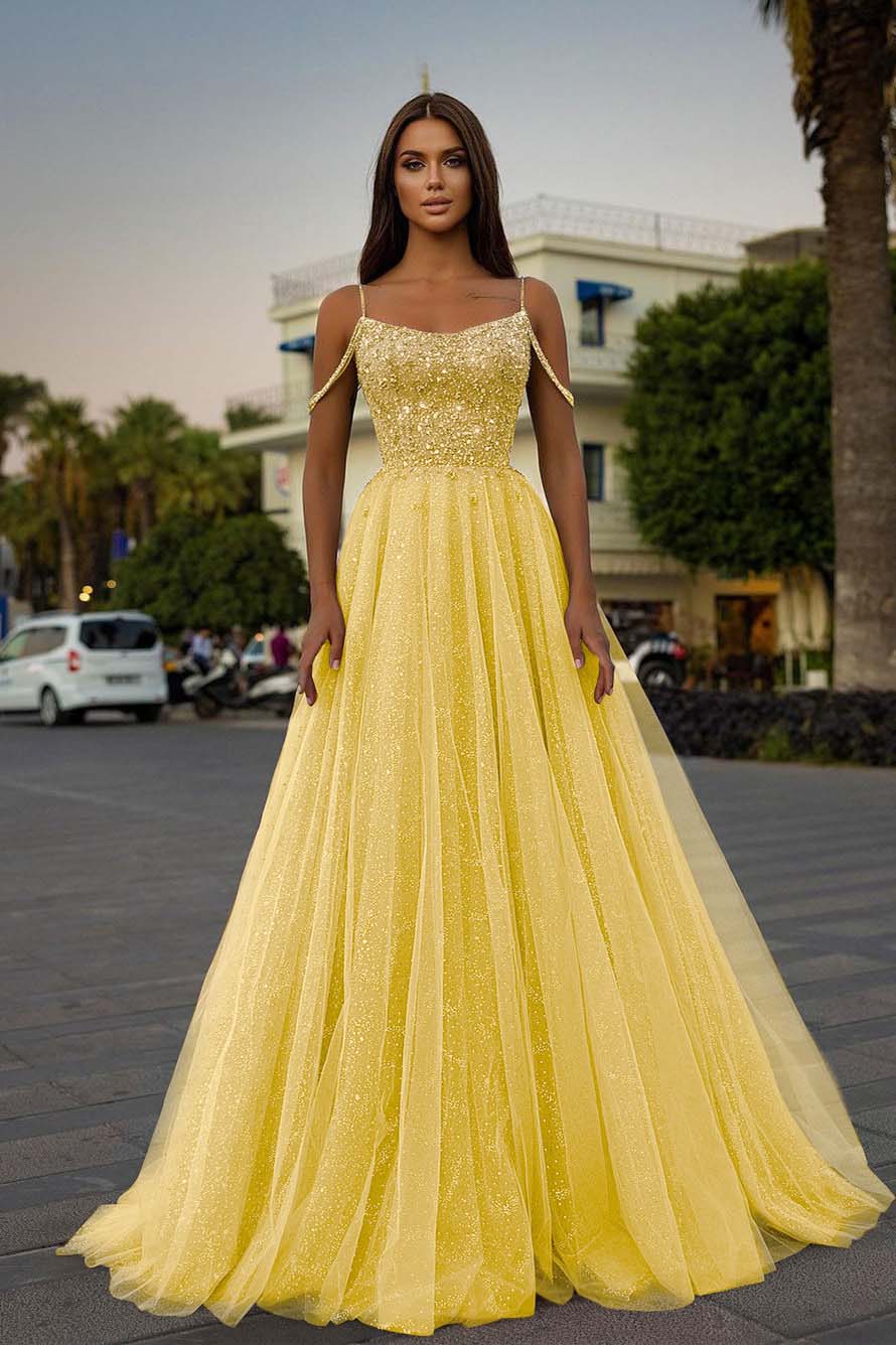 Tulle Spaghetti Strap A-Line Long Prom Dress with Sequins Beading
