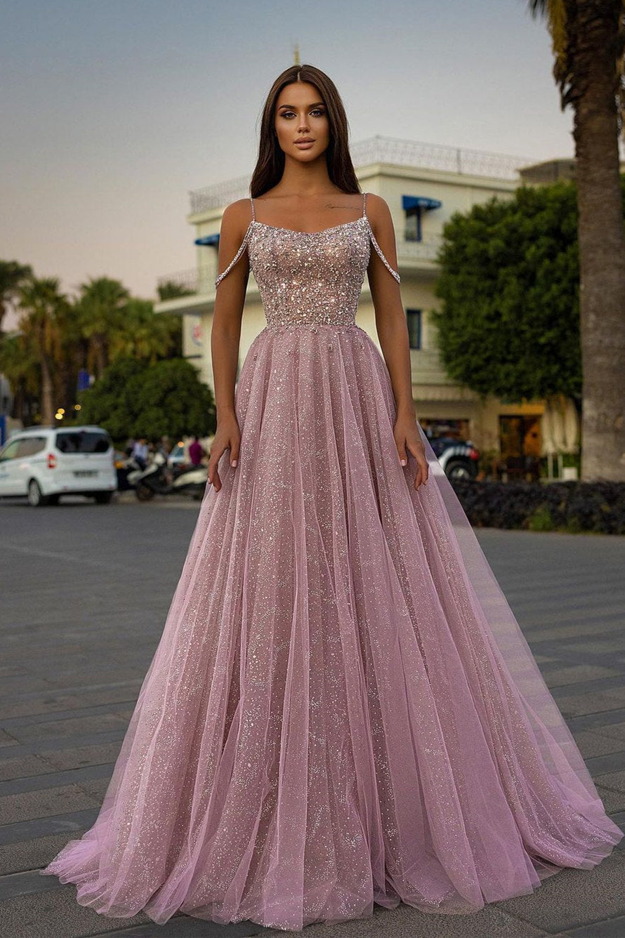 Tulle Spaghetti Strap A-Line Long Prom Dress with Sequins Beading