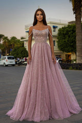 Tulle Spaghetti Strap A-Line Long Prom Dress with Sequins Beading