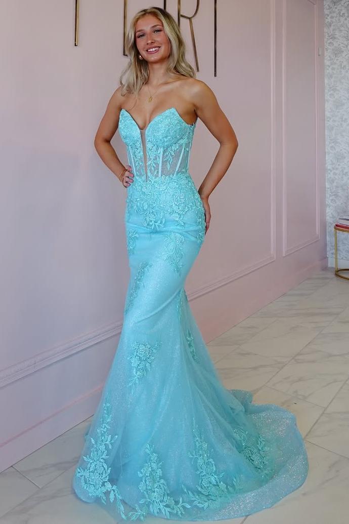Strapless Tulle Mermaid Long Prom Dress with Appliques