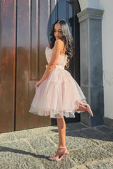 Tulle Strapless A-Line Short Prom Dress with Belt