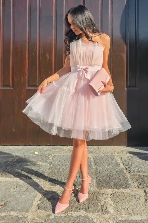 Tulle Strapless A-Line Short Prom Dress with Belt