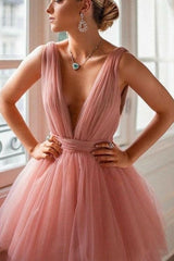 Beautiful V Neck Tulle Long Prom Dress with Ruffles