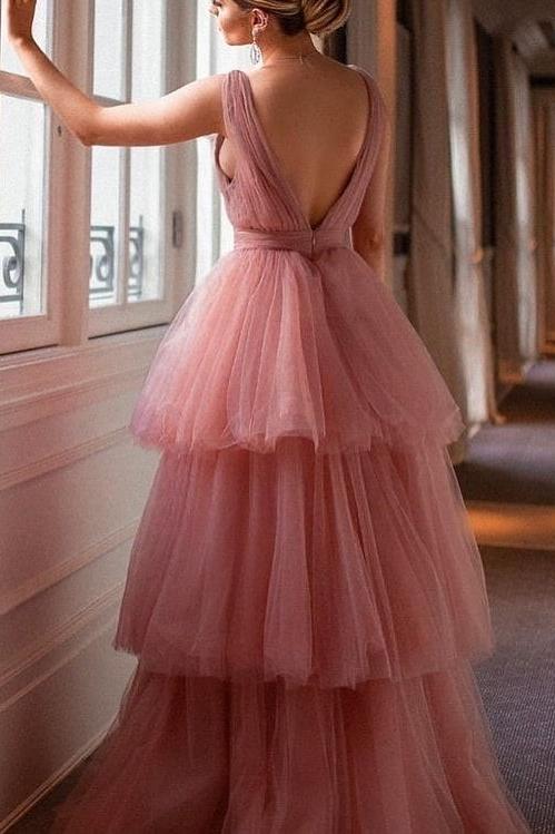 Beautiful V Neck Tulle Long Prom Dress with Ruffles