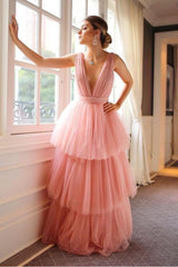 Beautiful V Neck Tulle Long Prom Dress with Ruffles