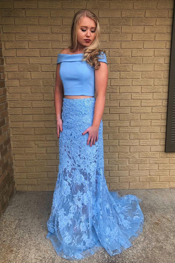 Two Piece Mermaid Off Shoulder Lace Sky Blue Prom Dress – Babyonlines