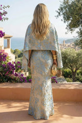 Two‑Piece Jacquard Satin Mother of the Bride Dress with Cape Sleeves and Ruched Details