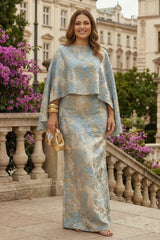 Two‑Piece Jacquard Satin Mother of the Bride Dress with Cape Sleeves and Ruched Details