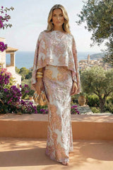 Two‑Piece Jacquard Satin Mother of the Bride Dress with Cape Sleeves and Ruched Details