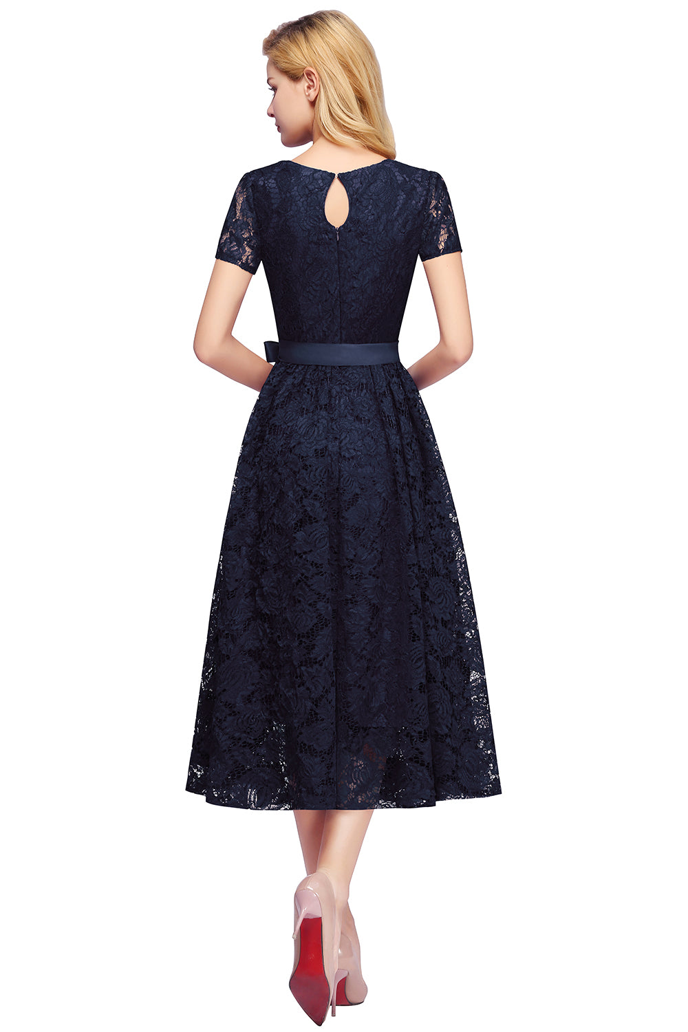 V Neck A Line Tea Length Floral Lace Formal Dress with Sleeves