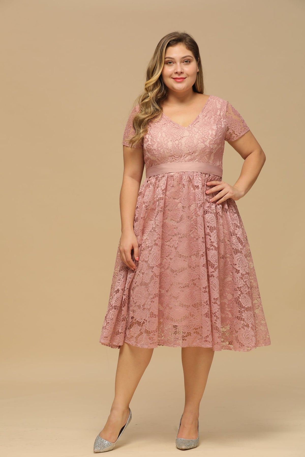 V Neck A Line Tea Length Floral Lace Formal Dress with Sleeves