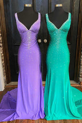 V-Neck Lilac Beaded Prom Dress with Sweep Train