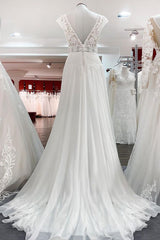 V-Neck Long A-Line Tulle Wedding Dress with Lace Appliques