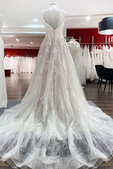 V-Neck Long A-Line Wedding Dress with Ruffles, Open Back, and Tulle Lace