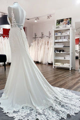 V-Neck Long Satin Mermaid Wedding Dress with Open Back and Lace Appliques