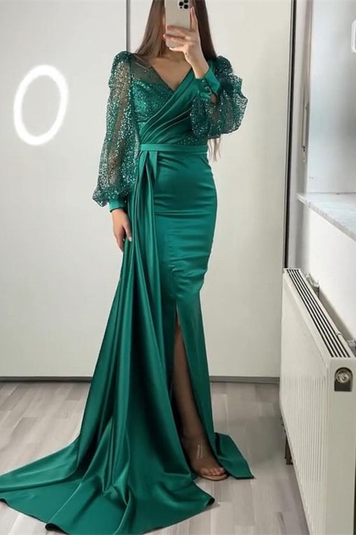 V Neck Long Sleeve Mermaid Prom Dress with Sequins Split Ruffles