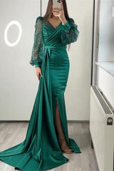 V Neck Long Sleeve Mermaid Prom Dress with Sequins Split Ruffles