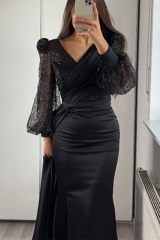 V Neck Long Sleeve Mermaid Prom Dress with Sequins Split Ruffles