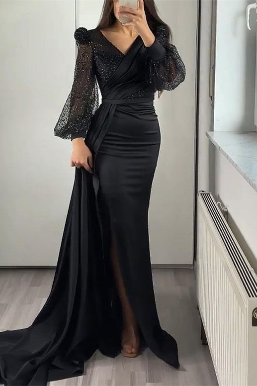 V Neck Long Sleeve Mermaid Prom Dress with Sequins Split Ruffles