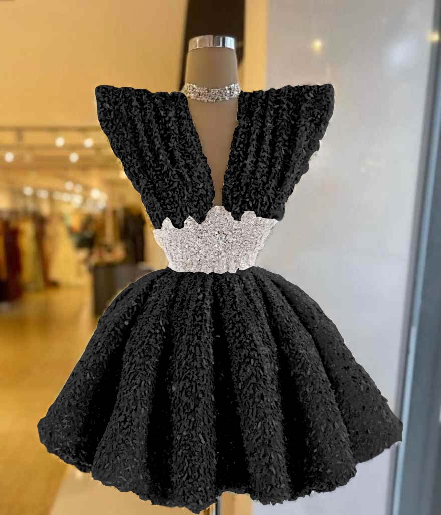 V Neck A-Line Short Prom Dress with Sequins Pleated