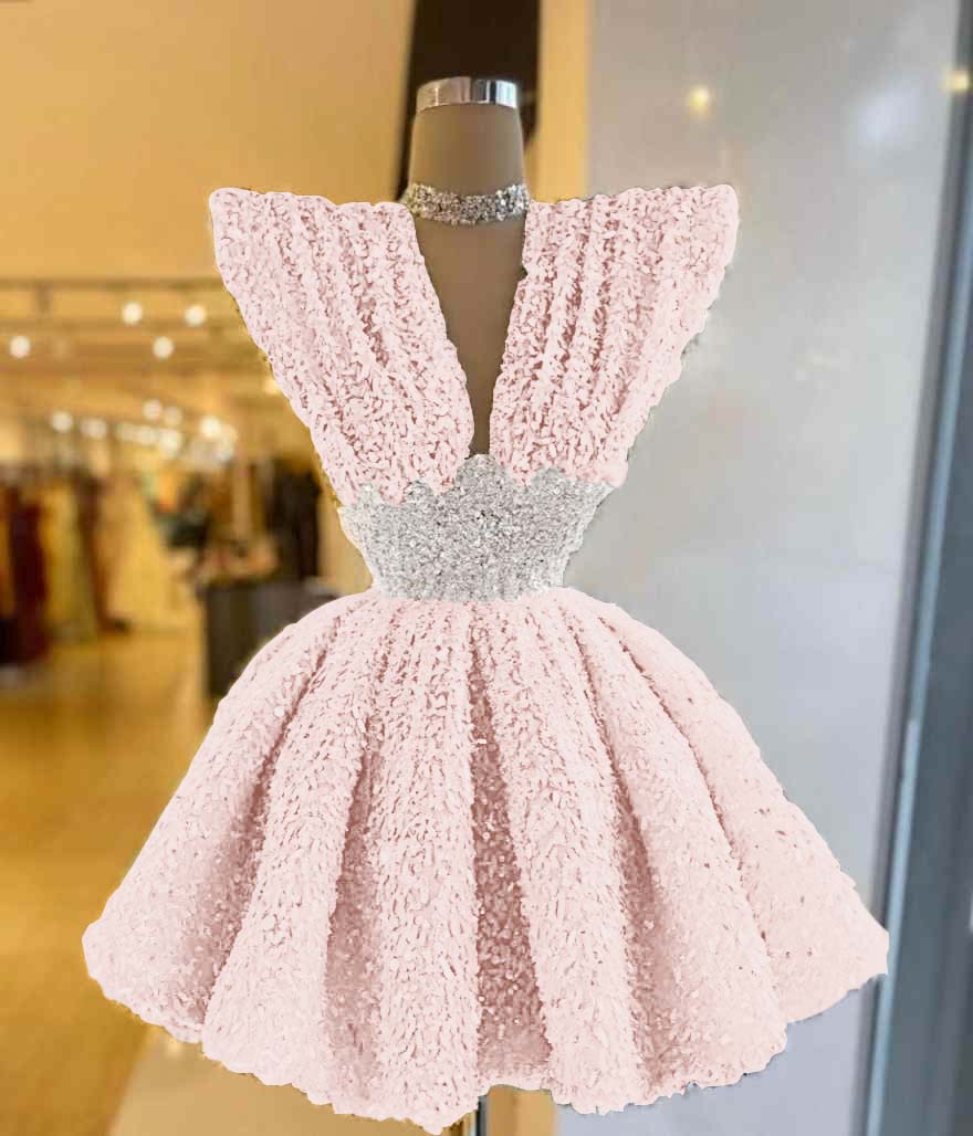 V Neck A-Line Short Prom Dress with Sequins Pleated