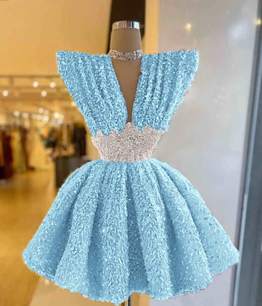 V Neck A-Line Short Prom Dress with Sequins Pleated