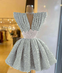 V Neck A-Line Short Prom Dress with Sequins Pleated