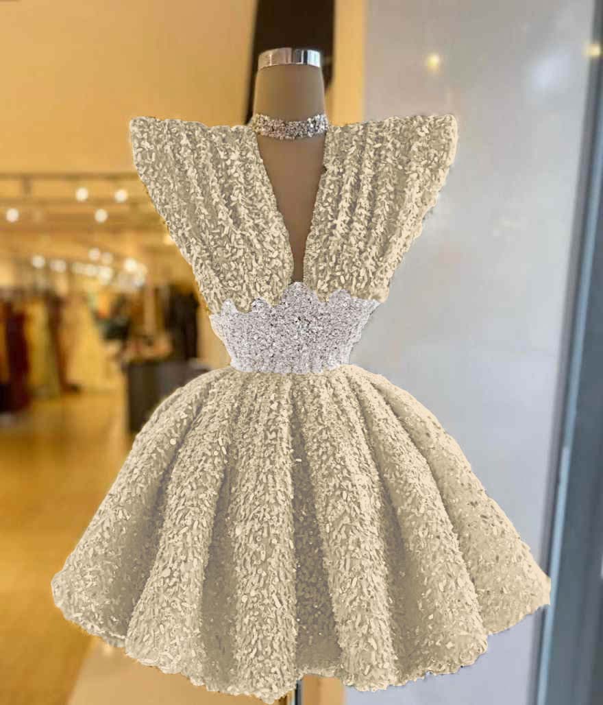 V Neck A-Line Short Prom Dress with Sequins Pleated