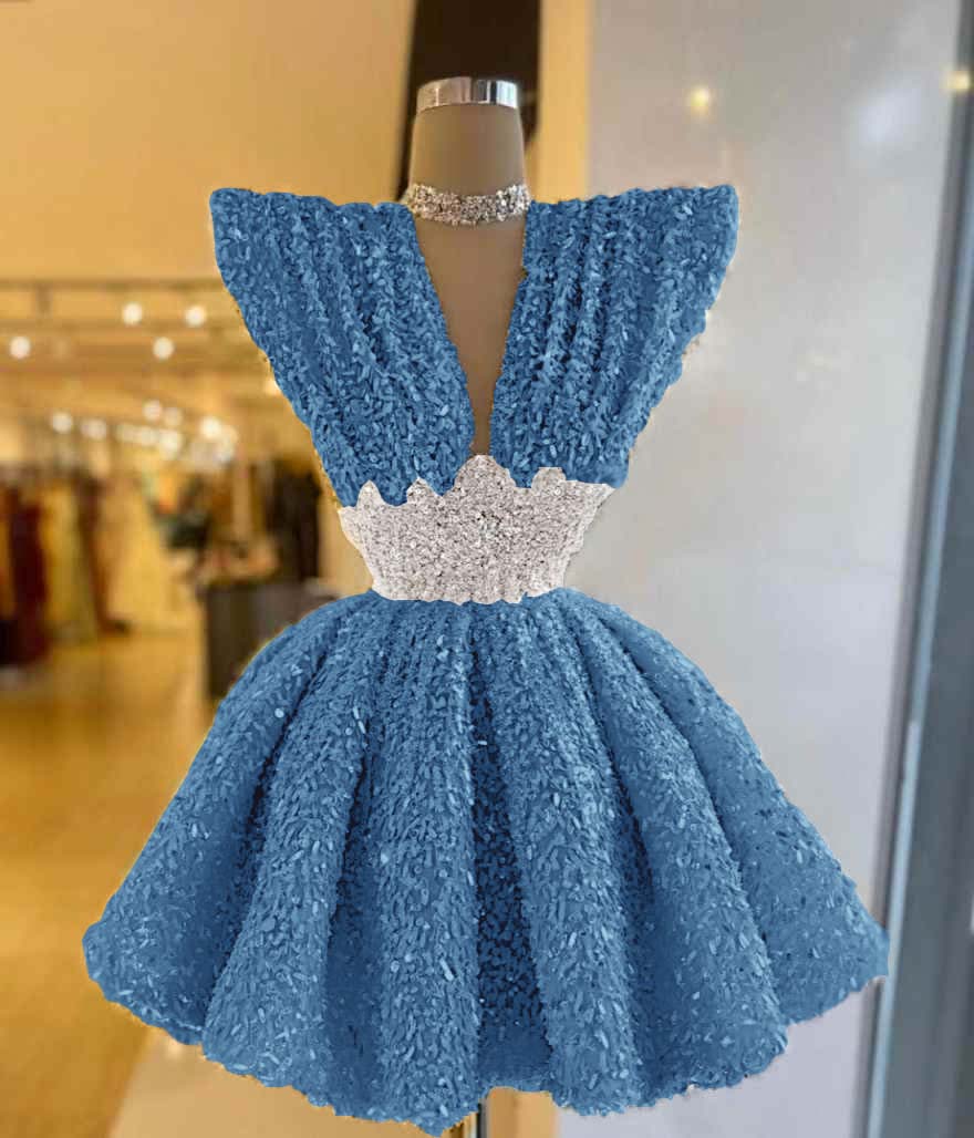 V Neck A-Line Short Prom Dress with Sequins Pleated