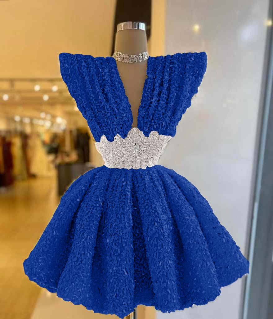 V Neck A-Line Short Prom Dress with Sequins Pleated