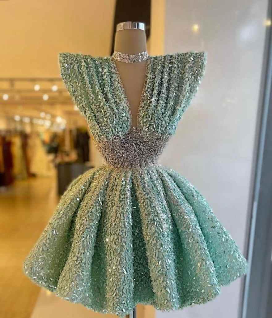 V Neck A-Line Short Prom Dress with Sequins Pleated
