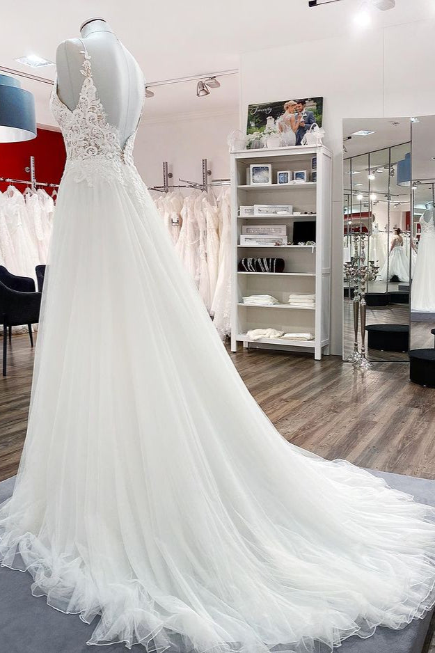V-Neck Sleeveless Long A-Line Tulle Wedding Dress with Lace Ruffles