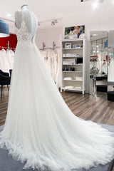 V-Neck Sleeveless Long A-Line Tulle Wedding Dress with Lace Ruffles
