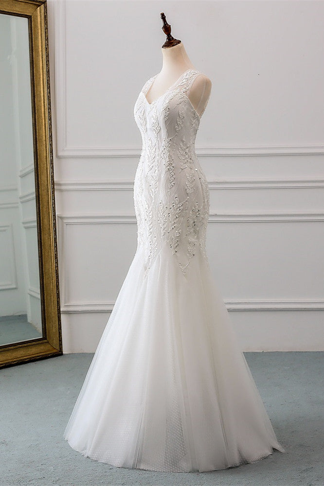 V-Neck Tulle Long Mermaid Wedding Dress with Beading