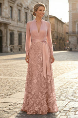 V Neck Satin Mother of the Bride Gown With Lace Appliques Floor Length Formal Wedding Guest Evening Dress