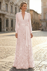 V Neck Satin Mother of the Bride Gown With Lace Appliques Floor Length Formal Wedding Guest Evening Dress
