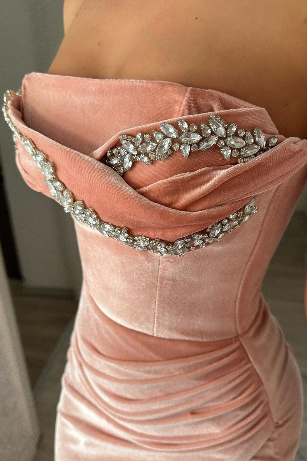 Pink Strapless Velvet Prom Dress with Beading and Split