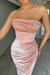 Pink Strapless Velvet Prom Dress with Beading and Split