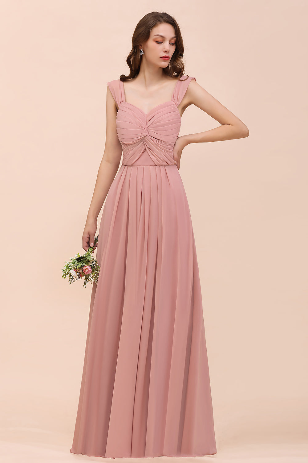 Vintage Mauve Chiffon Straps Ruffle Affordable Bridesmaid Dress-Babyonlines